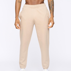 Pantalon de survêtement en coton beige pour homme, taille élastique, décontracté, avec poches latérales, tricoté mi-lourd - Product Image 1