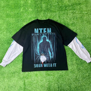 เสื้อยืดแขนยาวสไตล์เฮลพังก์ทรงโอเวอร์ไซส์สำหรับผู้ชาย ผ้าคอตตอนเจอร์ซีย์ คอกลม แต่งขอบตัดกัน พิมพ์ลายตัวอักษร เสื้อยืดสองชั้น - Product Image 4