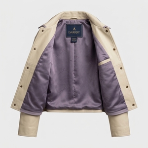 Ladies Real Lambskin Leather Trucker Jacket Beige Purple Colorblock Diagonal Panel Snap Button Streetwear Custom <b>Coat</b> - Product Image 5