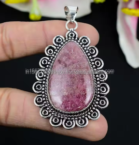 Colgante de cabujón de Rodonita natural, joyería colgante chapada en plata de ley 925 hecha a mano de estilo vintage, colgante 925, - Product Image 4