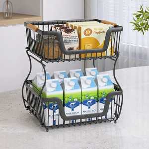 Modern 2 Tier Black Metal Stackable Fruit Basket Rectangular Kitchen Countertop Pantry Organizer <b>Vegetable</b> Storage <b>Stand</b> Bin - Product Image 3