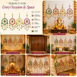 Atrapasueños Tradicional Indio Hecho a Mano con Rueda, Decoración de Pared Festiva con Pompones de Tela y Perlas Artificiales para Diwali, Haldi y Mehndi - Product Image 2