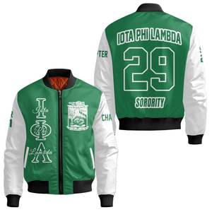 Blouson Bomber Personnalisé pour Femme Iota Phi Lambda, Vert Émeraude et Blanc, avec Écusson à Lettres Grecques au Dos et Fermeture Éclair - Product Image 3