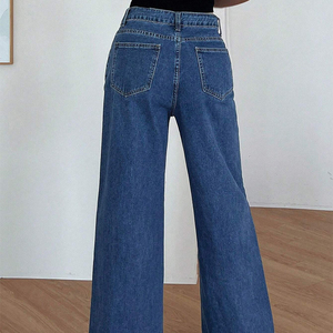Jeans de Mezclilla de Alta Calidad para Mujer, Pierna Ancha, Azul Índigo, Cintura Alta, Corte Regular, Estilo Urbano, con Agujeros - Product Image 4
