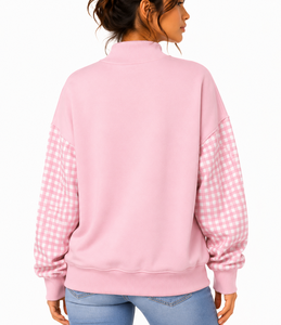 Sudadera de cuello alto para mujer con logo personalizado, mangas de gingham, apliques de letras, estilo oversize, casual, tipo jersey, fabricante - Product Image 5