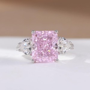 Bague de fiançailles en or massif rose avec pierre latérale, diamant en or blanc, bague fine, bijoux de mariée en saphir, cadeau pour femme - Product Image 1