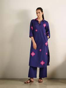 Blue Floral Embroidered <b>Maxi</b> <b>Dress</b> With Three Quarter Sleeves Loose Fit Casual Daily Wear Cotton Bamboo Fiber Woven Hand Embroid - Product Image 1