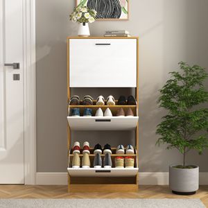 Mueble zapatero independiente de 3 cajones con panel blanco y tapa abatible, organizador estrecho para entrada - Product Image 3