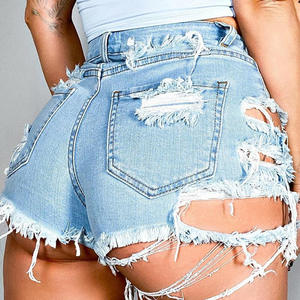 Shorts de Mezclilla Desgarrados Sexys, Nueva Tendencia de Verano, Cintura Alta, con Flecos, Corte Recto, Ajuste Regular, Tela de Algodón Azul, Ecológicos - Product Image 3