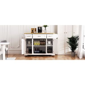 Carrello da Cucina Grande K K da 54 Pollici con 4 Ante, in Legno di Gomma, con Piano Ribaltabile e Texture Goffrata, su 4 Ruote - Product Image 6