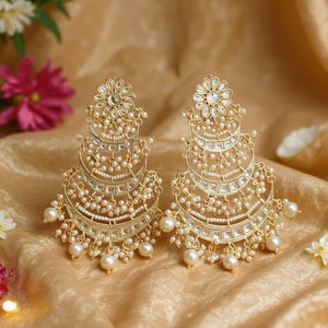 Pendientes colgantes de varias capas JeweleMarket Royal, joyería de moda con adornos Kundan y perlas. - Product Image 3