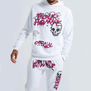 Survêtement à capuche streetwear blanc pour homme avec imprimé tête de mort et motif textuel effet gouttelettes, manches longues, coupe droite, tenue décontractée d'automne - Product Image 2