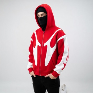 Sudadera con capucha y cremallera frontal personalizada ODM unisex, roja y blanca, con gráficos, estilo urbano, holgada, informal, a la moda, 100% algodón. - Product Image 4