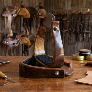 Estribos profesionales aprobados para equitación western, hechos a mano, de madera de roble de lujo, de 2 pulgadas. - Product Image 4