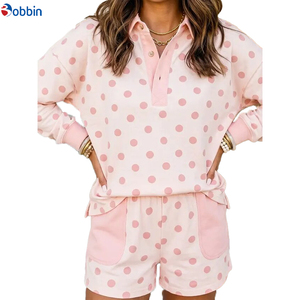 Outfit Hot Selling Polka Dot Polo Collar 2 Piece Set Custom Streetwear Contrast Color Sports <b>Top</b> patched Pocket Shorts Short Set - Product Image 4
