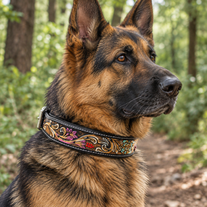 Collar de Perro de Cuero Repujado con Diseño Floral Multicolor, Tallado a Mano |   Collar Ajustable para Mascotas Estilo Occidental para Perros Decorativos - Product Image 4