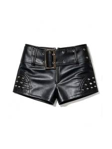 High Waist Black <b>studded</b> Leather Shorts With Rivet Details Moto Biker Style <b>Belt</b> Closure Women's Shorts - Product Image 1