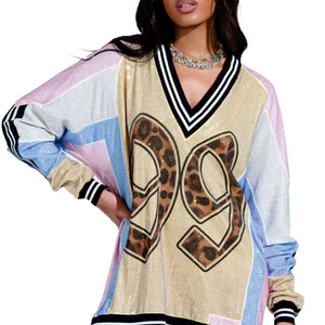 Jersey de Fútbol Americano Personalizado para Mujer, con Lentejuelas y Malla, Estilo Y2K, Cuello en V, Diseño de Leopardo con Número, Jersey de Fútbol de Diseñador - Product Image 4