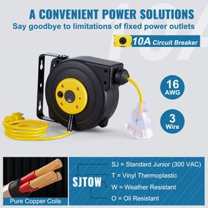 Avvolgicavo retrattile da 9 metri per impieghi gravosi, cavo di alimentazione 16AWG/3C SJTOW, presa tripla illuminata in ABS con connettore CEE maschio 10 - Product Image 4