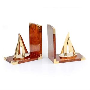 Wooden Bookends with Brass Sailboat Design Decorative Desk <b>Book</b> Holder Stand Luxury Nautical Bookends for Home Office <b>Library</b> - Product Image 2
