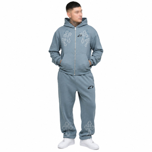 Survêtements pour hommes à marque privée : sweats à capuche entièrement zippés et pantalons de jogging en coton épais brodé, style streetwear, fabricant OEM - Product Image 1