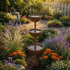 Mangeoire pour oiseaux à fixation au sol, décoration de jardin extérieure, résistante aux intempéries, fixation sur piquet, finition naturelle, bain pour oiseaux - Product Image 3