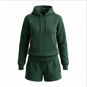 Conjunto de 2 Piezas para Mujer, Sudadera con Capucha y Pantalones Cortos, Color Sólido, Felpa, Corte Holgado, Largo por Encima de la Rodilla, para Primavera/Verano - Product Image 1