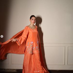 <b>Orange</b> Silk Satin Salwar Kameez Floral Embroidery Regular Fit Crop Length Traditional Indian Pakistani Women Wedding Wear SADIA - Product Image 4