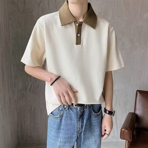 เสื้อโปโลแขนสั้นผ้าฝ้ายวาฟเฟิลสำหรับผู้ชาย สีพื้น ระบายอากาศได้ดี สไตล์ลำลอง ทรงปกติ - Product Image 4