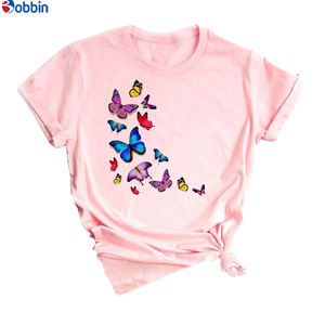 Camiseta estampada de manga corta para mujer, estilo dulce, top con estampado de rosas y mariposas, holgada y transpirable - Product Image 2