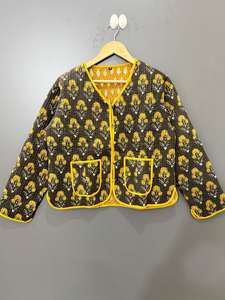 Blouson bomber pour femme indienne en coton biologique 100% matelassé réversible à imprimé géométrique, doublure en peau de mouton, longueur courte - Product Image 3