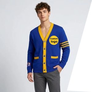 Cardigan en tricot bleu et jaune pour homme, col en V, manches longues, fermeture boutonnée, style automne, avec logo personnalisé sur le devant - Product Image 1