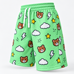 Shorts d'été pour garçons, imprimé dessin animé vert, en maille, athlétiques, taille élastique, cordon de serrage, respirants, décontractés - Product Image 3