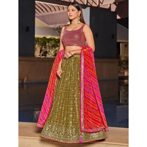 Fabuleux Paillettes Vert Olive Georgette Lehenga Choli Avec Dupatta - Product Image 4