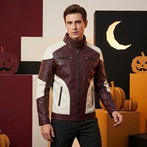 เสื้อแจ็คเก็ตหนัง PU สีขาวเบอร์กันดีสำหรับผู้ชาย คอตั้ง ซิปปิด ทรงเข้ารูป แต่งสีตัดกัน เหมาะสำหรับใส่ในฤดูใบไม้ร่วง - Product Image 3