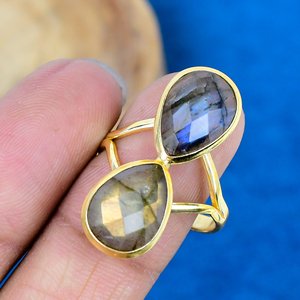 Natural <b>Labradorite</b> Pear Shape Gemstone Double Stone <b>Ring</b> 18k Gold Plated Over 925 Sterling Silver - Product Image 3