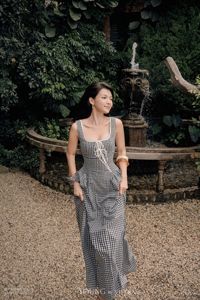 Robe midi sans manches en coton à carreaux noirs et blancs pour femme, col carré, laçage, coupe trapèze, décontractée, été, CAROLINE - Product Image 2