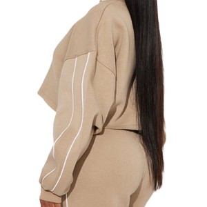 Conjunto de Sudadera Corta Informal para Mujer, Hombros Caídos, Cuello Redondo, Color Sólido, Sudadera con Capucha de 2 Piezas, 100% Algodón - Product Image 4