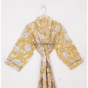 Hermoso Kimono de Algodón Estampado a Mano con Cinturón, Bolsillos Delanteros, Manga Larga, Estilo Maxi, Tipo Bata de Baño - Product Image 3