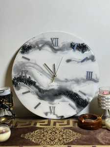 Ocean Wave Navy Blue Epoxy Resin Wall <b>Clock</b> Roman Numerals Live Edge Wood Round <b>Silent</b> Hanging Watch for Coastal Decor - Product Image 2