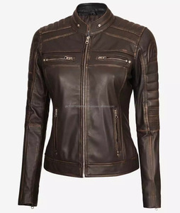 Women's Custom Clothing Neck Label Collar <b>Plain</b> Blank Women's Distressed Brown Motorcycle Leather Jacket For Winter - Product Image 3
