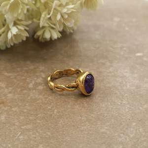 Vintage Oval Amethyst Brass <b>Ring</b> 14K Gold Plated Scalloped Infinity Band Boho Statement Unisex Jewelry - Product Image 2