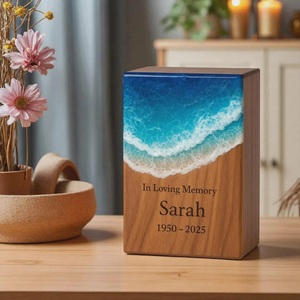 Handmade Ocean Wave Resin Art Urn Box Teak Wood Memorial <b>Keepsake</b> <b>for</b> human <b>ashes</b> medium size 9x5.5 urn box - Product Image 1