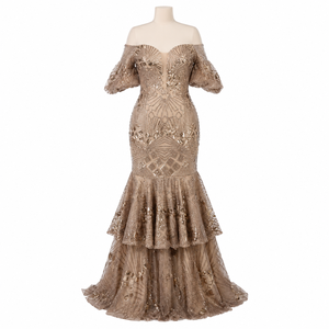 Luxury Champagne Gold Mermaid Evening Gown for Women Off Shoulder <b>Sequin</b> Formal Party Dress Wedding Guest Prom Maxi Outfit - Product Image 1
