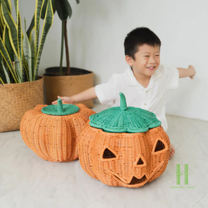 Panier en rotin naturel fait main en forme de citrouille, le plus vendu, pour décoration d'Halloween, idéal pour la vente au détail et les expositions événementielles - Product Image 2