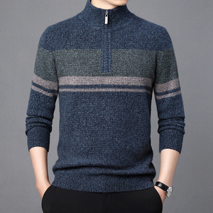 <b>Men's</b> Wool Acrylic Striped 1/4 Zip <b>Turtleneck</b> Cardigan Full Sleeve Thick Anti-Pilling Winter <b>Sweater</b> - Product Image 5