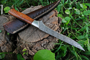 Couteau à filet en acier Damas fait main, lame fixe, couteau de pêche avec manche en bois de rose, étui en cuir véritable, vente en gros OEM - Product Image 6