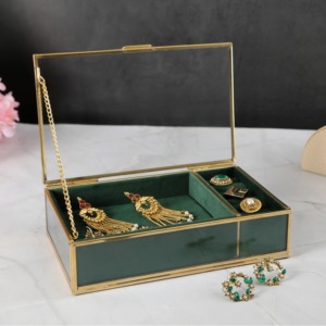 Gold Frame Glass Jewelry Box with Velvet Lining for Rings Earrings Necklace Storage Organizer <b>Vanity</b> <b>Desk</b> Decor - Product Image 1