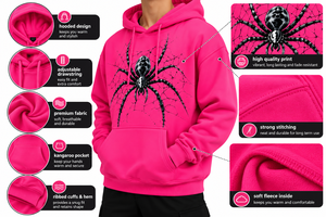 Sweat à capuche rose pour homme avec logo personnalisé, imprimé toile d'araignée, en coton tricoté, décontracté, pour l'automne, avec poche avant et logo. - Product Image 5