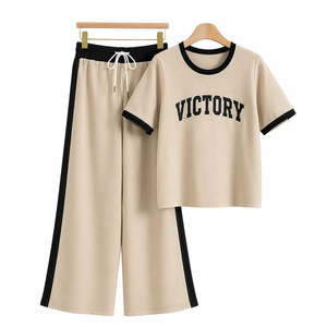 Womens Casual 2 Piece Lounge Set Cotton Blend T Shirt and Wide Leg <b>Pants</b> Matching Outfit <b>Summer</b> Comfort Tracksuit Beige Black - Product Image 2